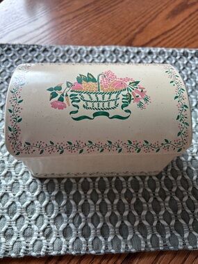 Vintage Floral Basket Metal Recipe Box in Cream with Pink & Green Accents